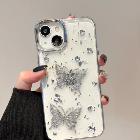 ラメ蝶々 アイフォン16pro/15ケース ダイヤ ハンドメイド iPhone14/13pro/12カバー 大人可愛い 春夏向け[M5175]