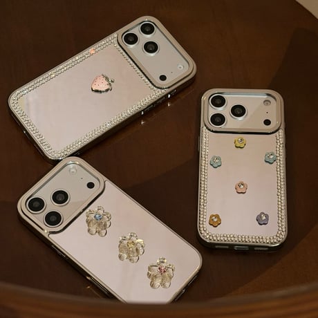 ダイヤデコミラー iPhone17Pro/17ケース 花/いちご ハンドメイド iPhone16Pro/15/14ケース 存在感ある 頑丈 人気品[M6178]