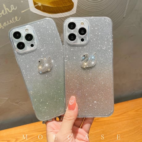 ジュエリーハクチョウ iPhone14/15Proケース 豪華 アイフォン13/12/11カバー ラメ入りシール カメラレンズフイルム付き 綺麗 お洒落[M2743]