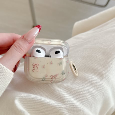 リボン柄 Airpods Pro3ケース 淡色系蝶柄 Airpods 4/3カバー AirpodsPro2/1  リング付き 春コーデ [M6126]