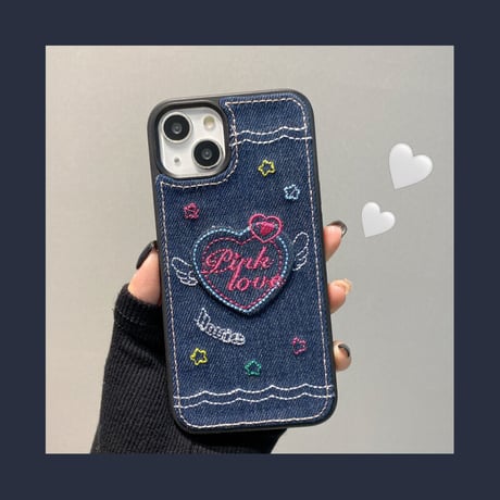 デニム生地 刺繡入り iphone14/14proケース  ハート柄  iphone13/12/11/XRカバー  高品質  高級感 ギフトにおすすめ [M2246]