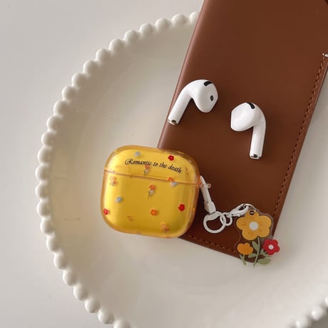 草花柄 Airpods 4ケース イエロー Airpodspro2/proカバー Airpods3/2 花キーリング付き 可愛い[M4919]