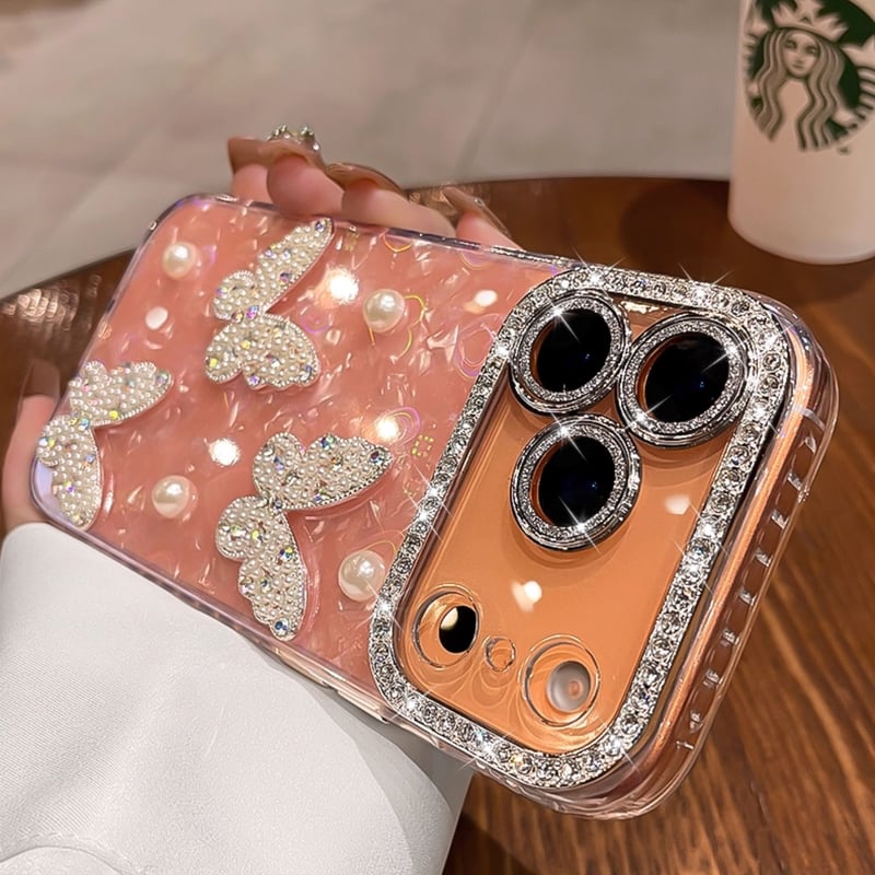 パール蝶 iPhone17Pro/17ケース シェル調 キラキラハート柄 iPhone17pr
