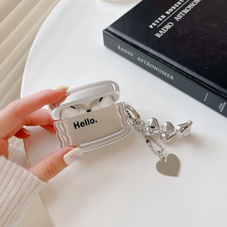 Helloシルバー Airpods4ケース 波紋枠 airpodsPro2/3/2/1ケース  ハートアクセサリー付  かわいい シック ファッション [M2954]