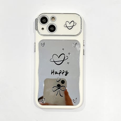 韓国風 鏡付iPhone15/15プロカバー Lucky/Happy iPhone14pro/13/12ケース お揃い 便利 [M4364]