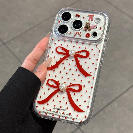 パールリボン iPhone17Pro/17ケース 熊ちゃんカメラカバー iPhone17ProMax/16Pro/15カバー 水玉模様 可愛すぎ [M6046]