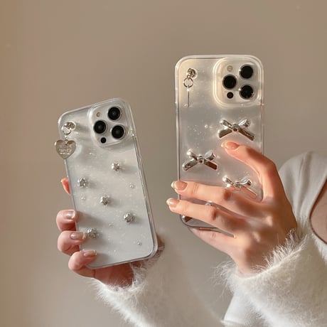 ガールズに人気 iPhone15/15pro/15plusケース リボン/星デコ ラメ入りiphone14/13/12proクリアケース 女子力アップ [M3915]