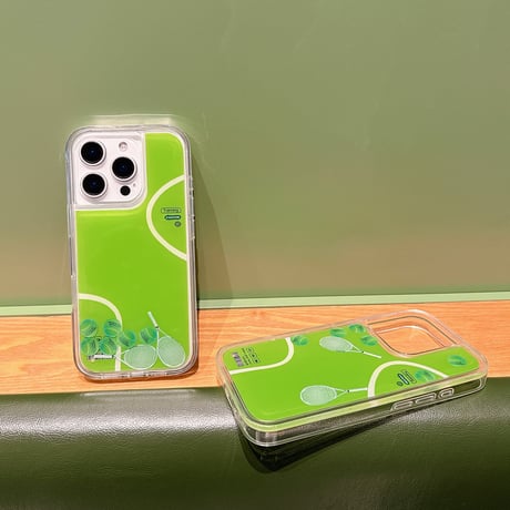 動くテニスボール/ラケット iPhone16/16proケース 液体入り iPhone15/14pro/13promaxカバー グリーン ギフトにおすすめ [M5431]