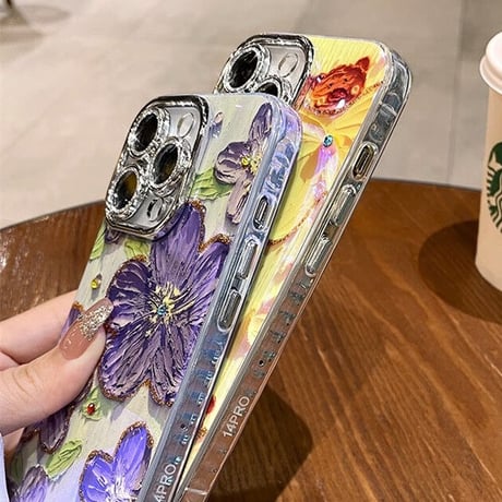 オシャレ花柄 iPhone15/15Plusケース キラキラ カメラ保護 iPhone14pro/13/12カバー  可愛すぎ 耐久性あり[M3557]