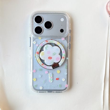 花リングスタンド iPhone17Pro/17ケース MagSafe対応 iPhone16Pro/15/14ケース かわいい キラキラ感 春夏コーデ[M6259]