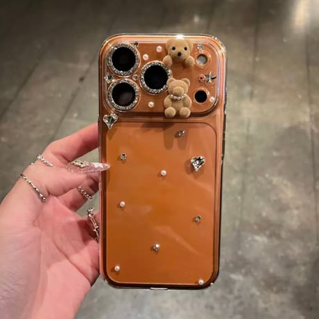 ダイヤと熊デコ iPhone17/17Proケース クリア iPhone17ProMax/16/15シリーズカバー 可愛い ハンドメイド ギフトにおすすめ [M5775]
