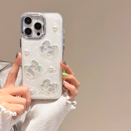 キラキラリボン iPhone16/16Proケース パールデコ iPhone15Pro/14/13/12カバー かわいい 女子力UP [M5018]