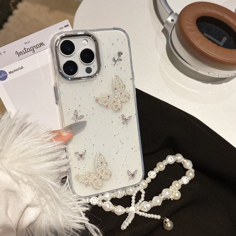 パール/ジュエリー蝶々 iPhone16/16Proケース  ストラップ付 iPhone15Pro/14/13proカバー 華やか キラキラ 高品質 [M5150]