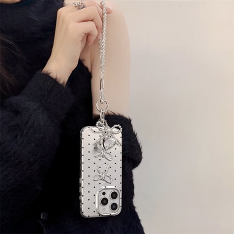 水玉模様 iPhone16/16proケース リボン ハートストラップ iphone15pro/14/13/12proカバー  綺麗 人気 ガールズファッション[M5082]