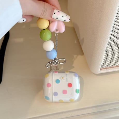 多彩水玉模様 Airpods Pro3ケース ハートリボンキーホルダ付き Airpods 4/3カバーケース AirpodsPro2/1 かわいい ギフトにおすすめ [M6401]