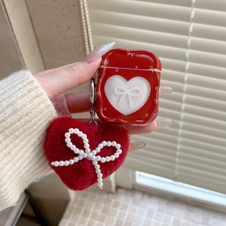 ハート形とリボン柄 AirPods Pro 3ケース ワインレッド 毛玉キーホルダー Airpods 4/3ケース  AirpodsPro2/Pro1カバー パール 女子力アップ[M5997]