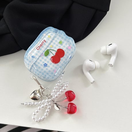 チェリー Airpods Pro3ケース チェック柄 Airpods4/3カバー pro2/pro1 うねうね リング/キーホルダー[M6519]