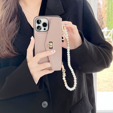 レザー カード収納  iphone14/14promaxケース 真珠ストラップ付 アイフォンSE3/13/12/11PROケース セレブ愛用 高級感 Girlsに大人気[M2473]