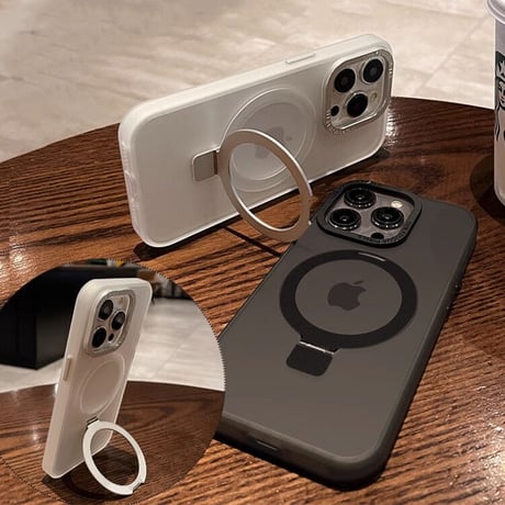 Magsafe対応スタンド iPhone15Pro/15ProMaxケース 指紋防止 マット仕様 耐衝撃 半透明 iPhone14/13/12proカバー [M3556]