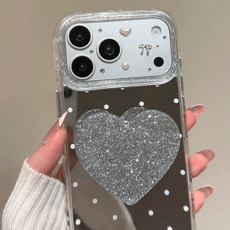 水玉模様ミラー iPhone17pro/17ケース ラメ入りハートグリップ iPhone16/15pro/14ケース 女子力高い[M6118]