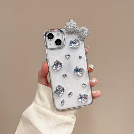 ダイヤリボン iPhone16/16proケース キラキラ iPhone15pro/14/13pro/12ケース ホワイト  きれい[M4647]