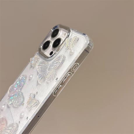ストラップ付 iPhone16/16Proケース 花/蝶デコ クリア iPhone15Pro/14/13proカバー 可愛い おしゃれ [M4995]