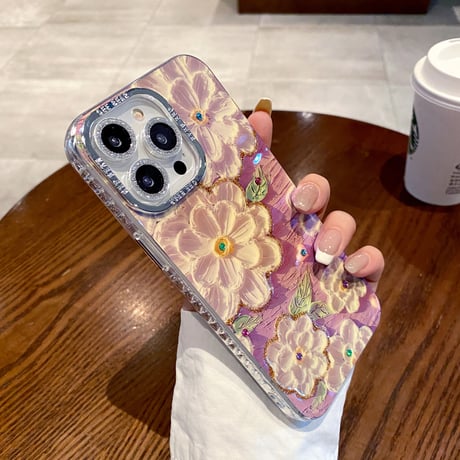 花柄 iPhone15/15Plusケース 光る油絵 綺麗 iPhone14/13proカバー ガールファッション 頑丈 かわいい 耐久性 [M3543]