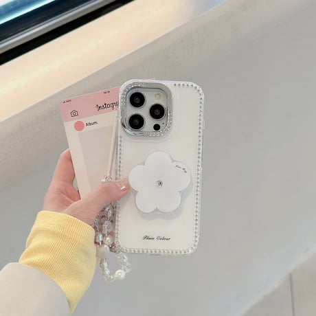 ダイヤ花グリップ iPhone16pro/16ケース ジュエリー iphone15pro/14/13/12proカバー  ストラップ 綺麗 上品高級感[M5121]