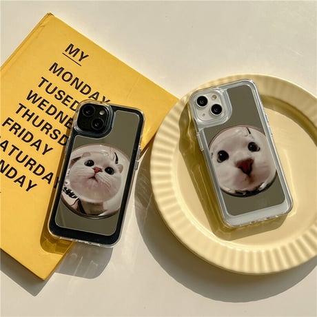 ミラー猫ちゃん iphone14/13ケース かわいい アイフォン12プロ/11カバー 面白い 頑丈 お揃い ギフトにおすすめ[M3042]