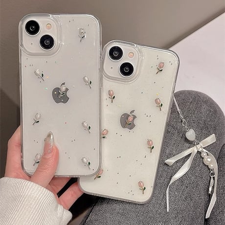 立体花 アイフォン15/15proケース 韓国風  バレエシューズストラップ付iphone14pro/13/12カバー キラキララメ 黄ばまない[M4109]