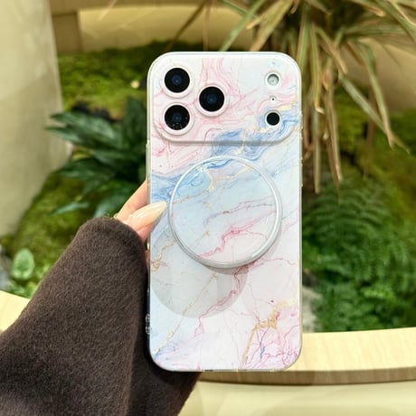 大理石調 iPhone17/17Proケース マグネット式グリップ付 iPhone16Pro/15ProMaxケース 便利なスタンド機能 オシャレ[M6092]