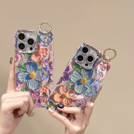 ベルト付 花柄 iPhone15Pro/15promaxカバー キラキラおしゃれ アイフォン14プロ/13/12ケース 光る [M4382]