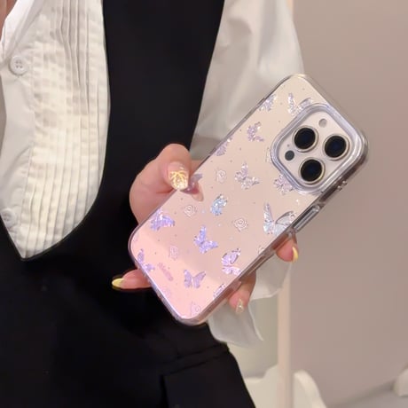 鏡付き蝶々 iPhone16pro/16ケース キラキラ 艶感 iPhone15promax/14/13proカバー 夏コーデにおすすめ [M5307]