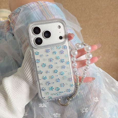 キラキラ花 iPhone17pro/17ケース ラメ入り iPhone16/15proケース 可愛いパールストラップ 女子力高い[M6160]