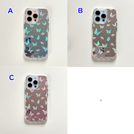 鏡付き蝶々 iPhone16pro/16ケース キラキラ 艶感 iPhone15promax/14/13proカバー 夏コーデにおすすめ [M5307]