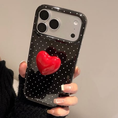 レッドハートスタンド iPhone17Pro/17ケース 水玉模様 iPhone17ProMax/16Pro/15カバー 可愛すぎ [M6038]
