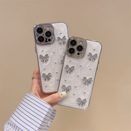 リボン iPhone15/15pro/15plusカバー ホワイト iPhone14/13pro/12ケース お洒落 可愛い[M4551]