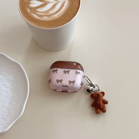 韓国風 AirpodsPro3ケース リボン柄  エアポッズ4/3  AirpodsPro2/Proカバー リング/熊キーホルダー ギフトにおすすめ [M5810]