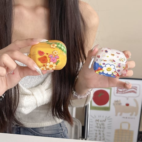 韓国風 Airpods第四世代ケース 笑顔花/クマ AirpodsPro2ケース airpods3カバー リング付き お揃い Gift [M5338]