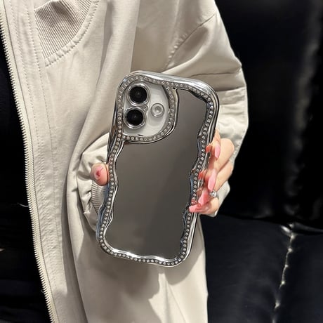 ジュエリー鏡付 iPhone16/16proケース うねうね アイフォン15pro/14/13proケース 大人可愛い 女子力UP メッキ[M5148]