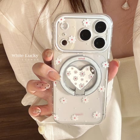 MagSafe対応 花柄 iPhone17Pro/17ケース マグネット式ミラーリングスタンド付 iPhone17ProMax/16Pro/15カバー 女子力アップ [M6177]