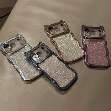 猫の耳 iPhone17pro/17ケース ラメ入りシール付き アイフォン16/15pro/14/13カバー オシャレ 可愛いうねうね メッキ [M2403]