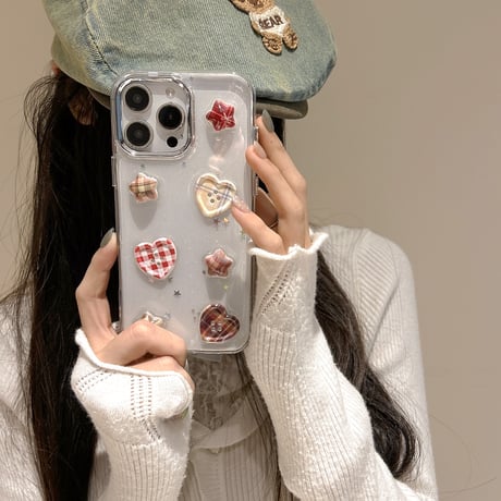 ハートボタン iPhone16/16Proケース ラメ入り 透明 iPhone15/14/13/12Proカバー トレンド 女子力高い [M5024]