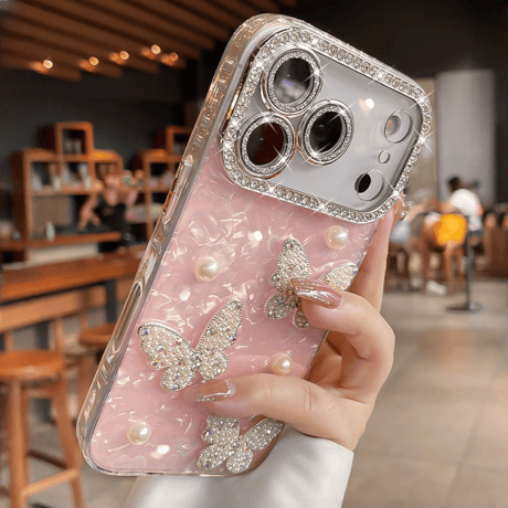 パール蝶 iPhone17Pro/17ケース シェル調 キラキラハート柄 iPhone17promax/Air/16ケース レンズフイルム付き 大人可愛い [M5695]