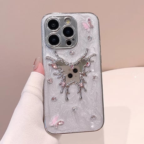 蝶ミラー iPhone16Pro/16ケース 宝石デコ iPhone15pro/14/13/12カバー カメラ保護 おしゃれ [M4710]