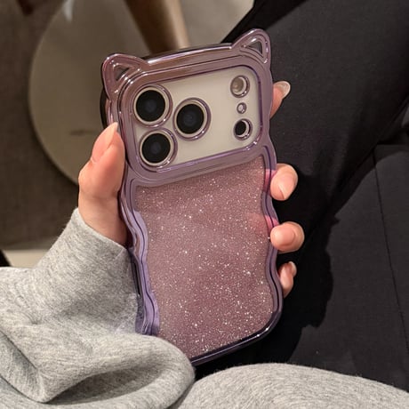 猫の耳 iPhone17pro/17ケース ラメ入りシール付き アイフォン16/15pro/14/13カバー オシャレ 可愛いうねうね メッキ [M2403]