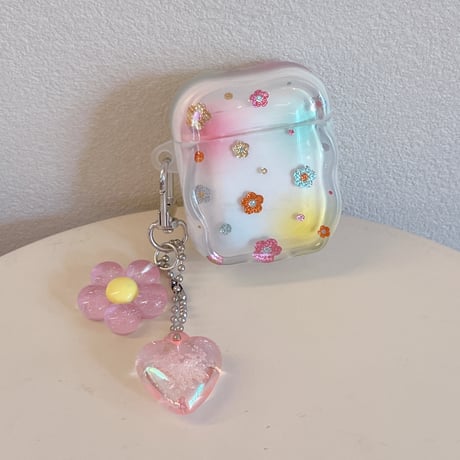 ラメ花 Airpods Pro3ケース 花/ハートキーホルダー Airpods4/3カバー pro2/pro1 うねうね ギフトにおすすめ[M6414]