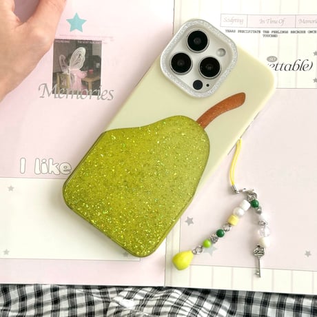ラメ梨柄 iPhone16/16proケース 可愛い iPhone15/14promax/13カバー キーチェーン 人気 女子力アップ [M5380]