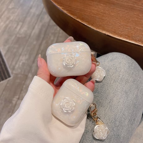 【Airpods4】ツバキの花  Airpods Pro2ケース 貝殻紋  airpods3カバー  アクセサリー付き  お洒落 ガールズに人気 [M2521]