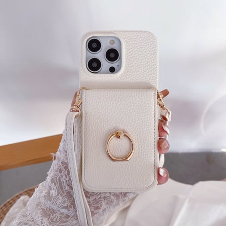 鏡 カード入れ付 iPhone14/15proケース リング ストラップ付 アイフォン13/12pro/11カバー 淡色レザー高品質 高級感 スタンド機能[M3251]
